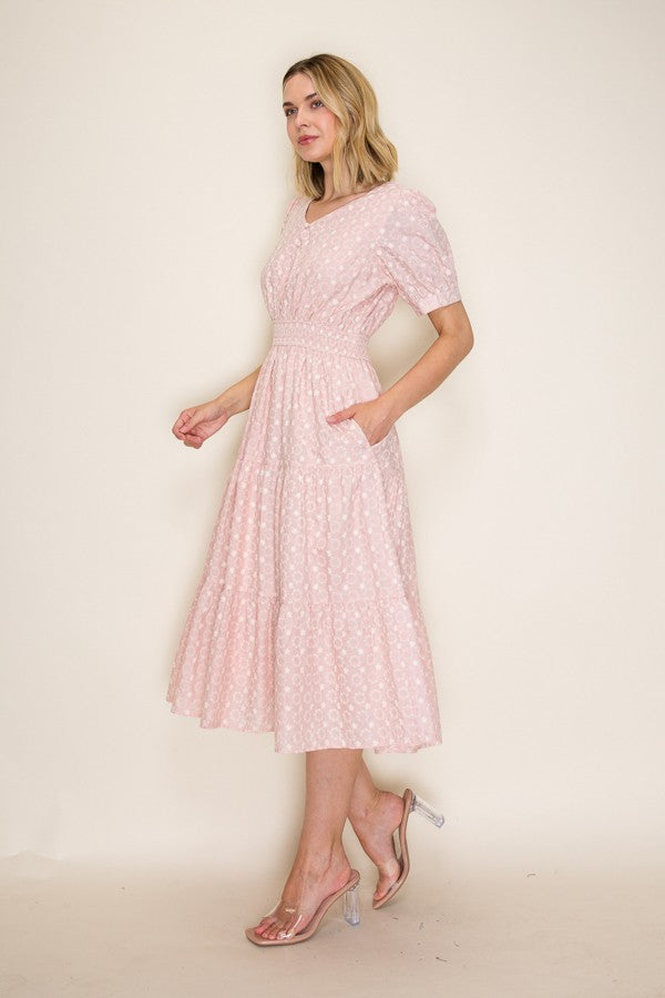 Eyelet Lace Smocked Midi Dress
