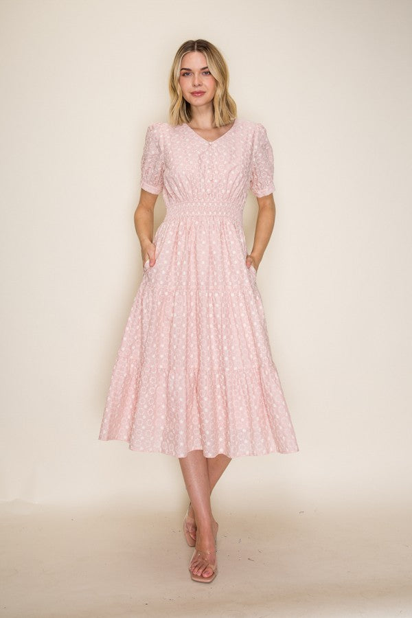 Eyelet Lace Smocked Midi Dress