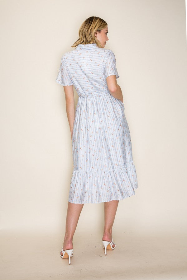 Striped Floral Button Front Midi Dress