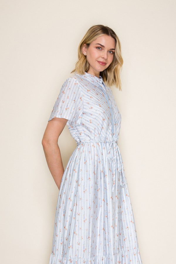 Striped Floral Button Front Midi Dress