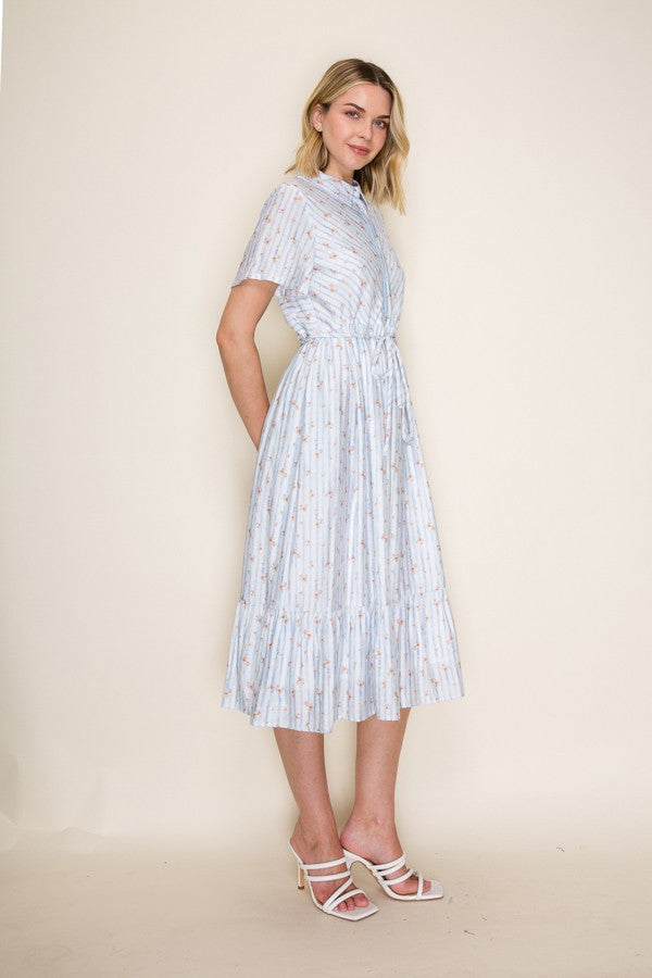 Striped Floral Button Front Midi Dress