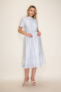 Striped Floral Button Front Midi Dress