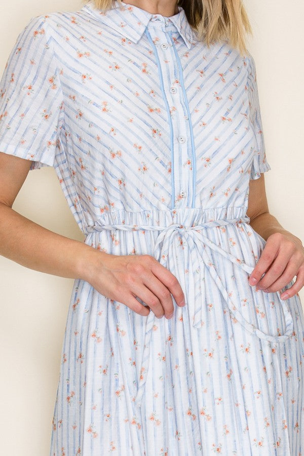 Striped Floral Button Front Midi Dress