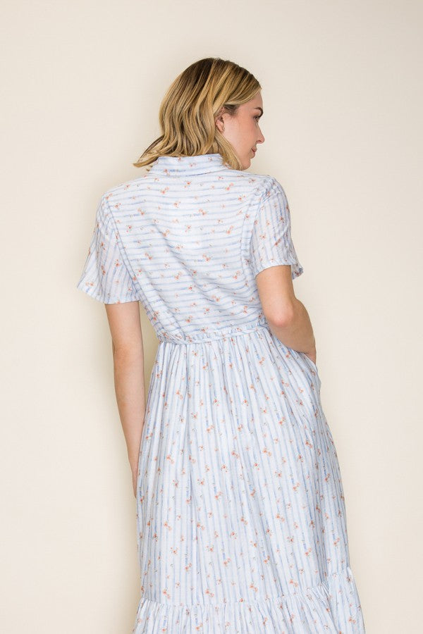 Striped Floral Button Front Midi Dress