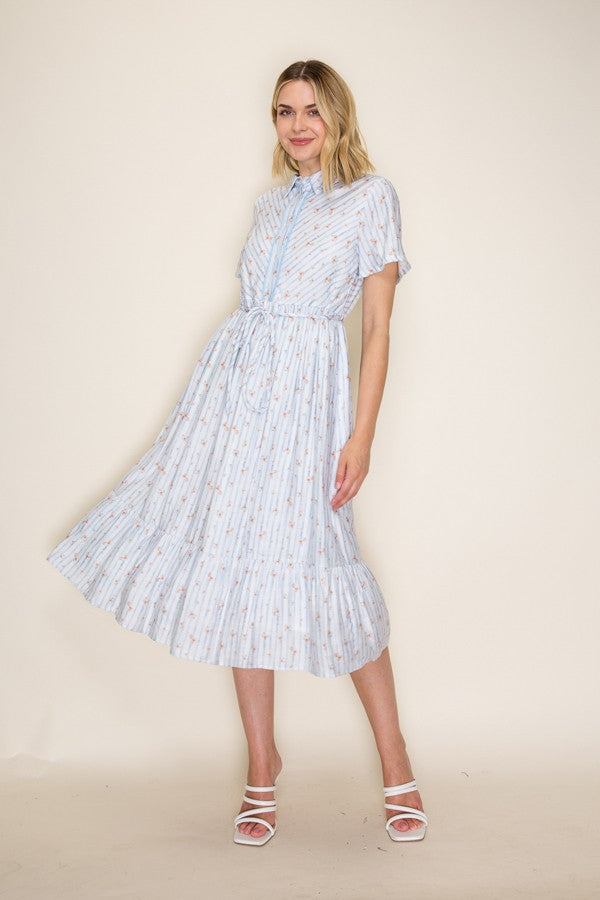 Striped Floral Button Front Midi Dress
