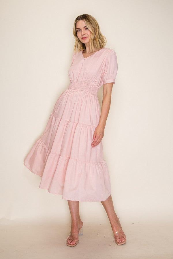 Tiered Button Front Midi Dress
