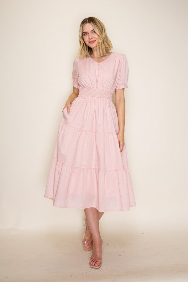 Tiered Button Front Midi Dress