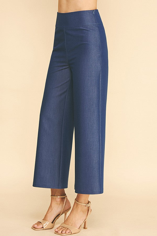 Faux Denim Wide Leg High Rise Waist Trousers Pants