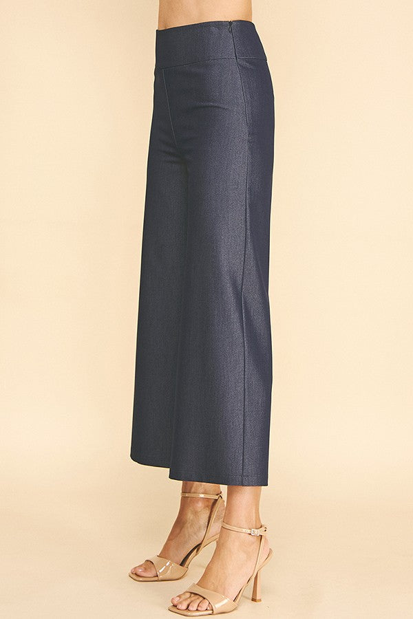 Faux Denim Wide Leg High Rise Waist Trousers Pants