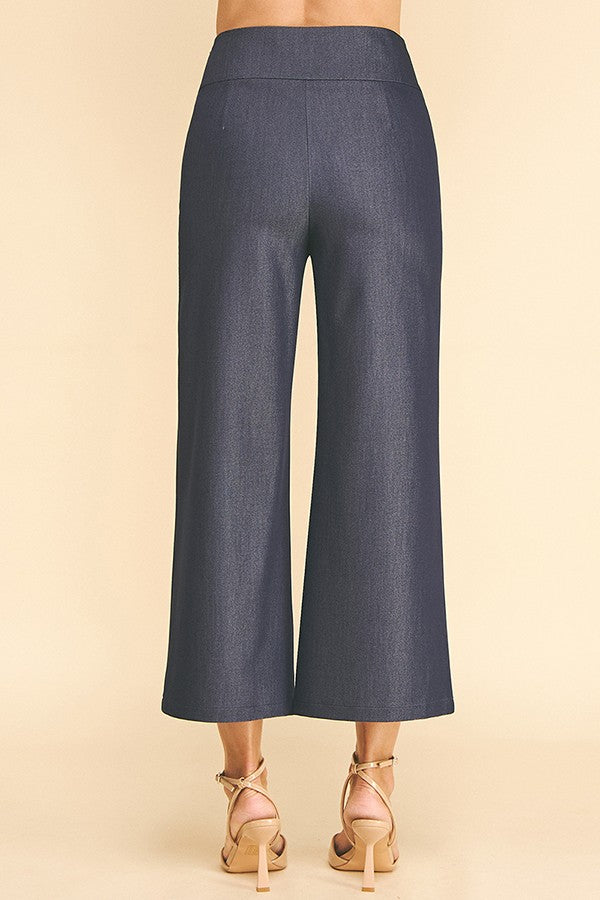 Faux Denim Wide Leg High Rise Waist Trousers Pants