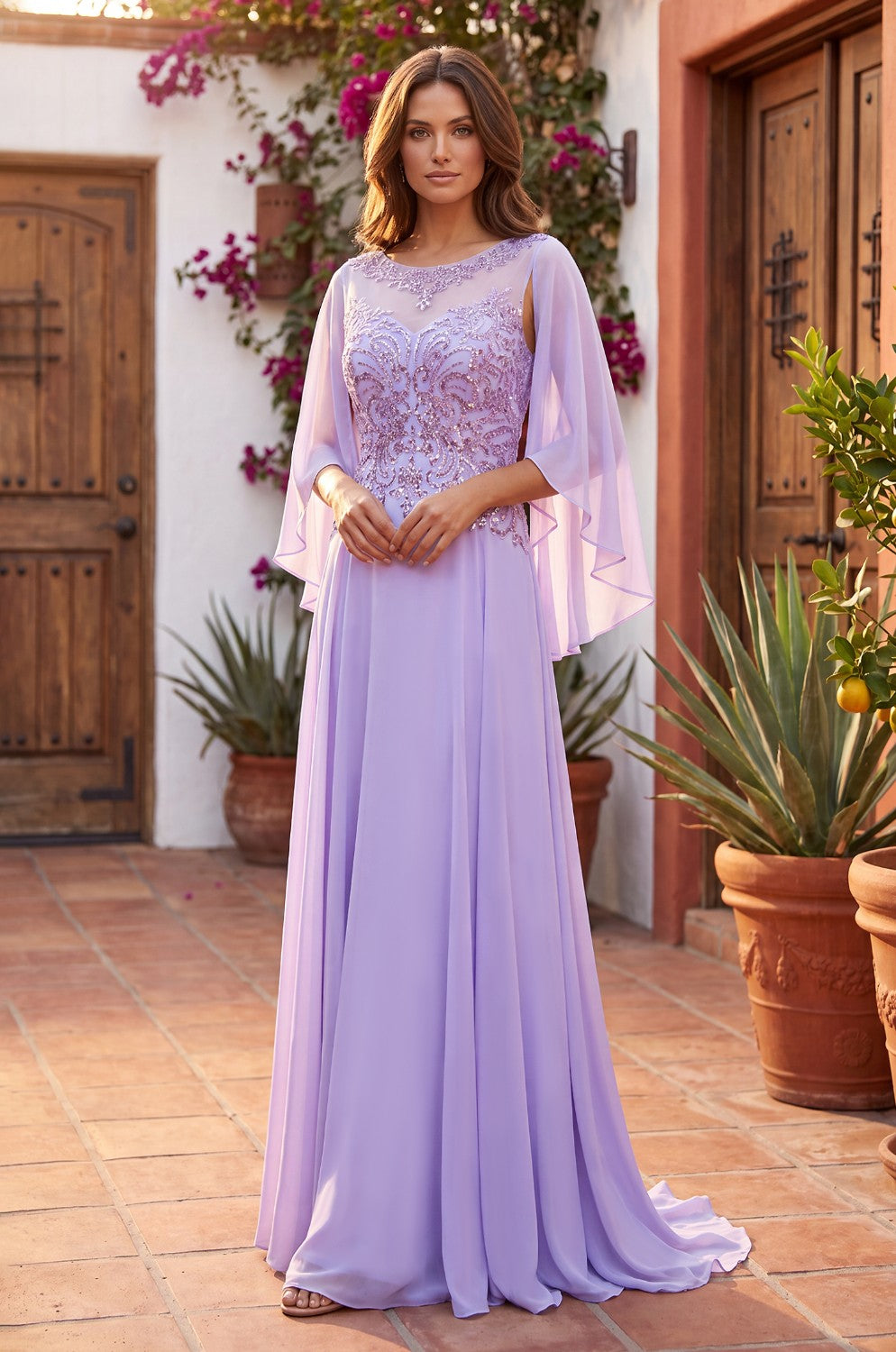 Long Mother Of The Bride Cape Sleeve Dress