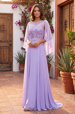 Long Mother Of The Bride Cape Sleeve Dress