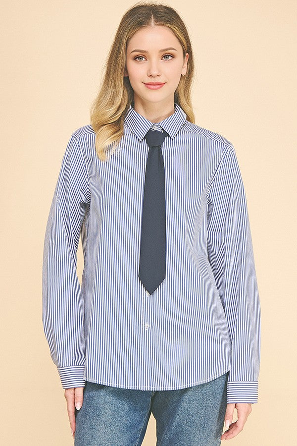 Peplum Bengal Striped Necktie Oversized Dress Shirt