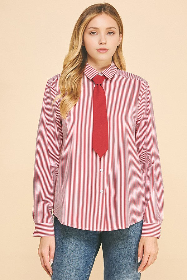Peplum Bengal Striped Necktie Oversized Dress Shirt