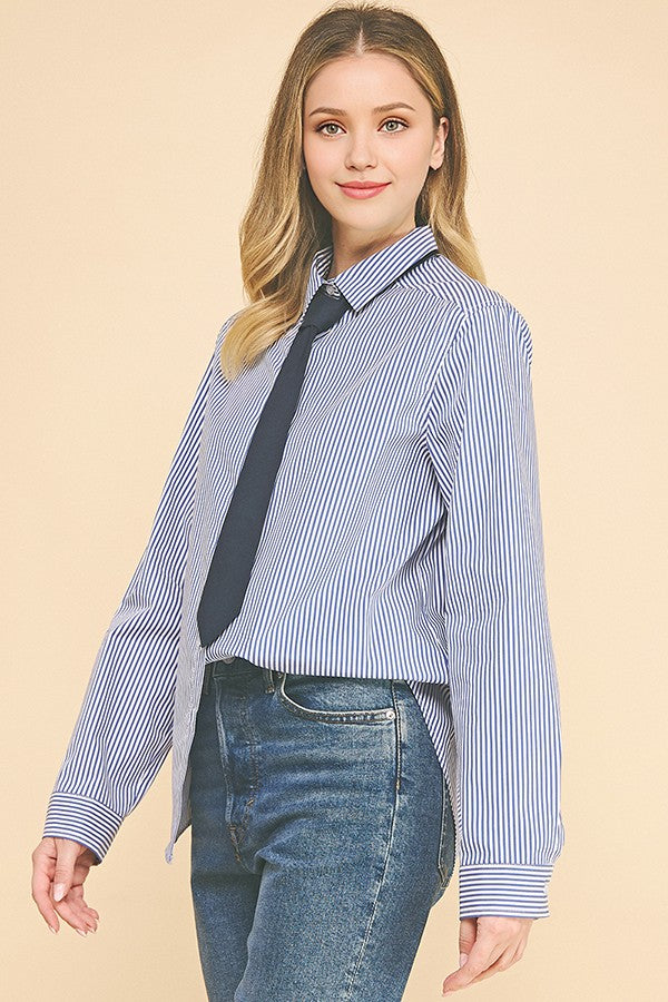 Peplum Bengal Striped Necktie Oversized Dress Shirt