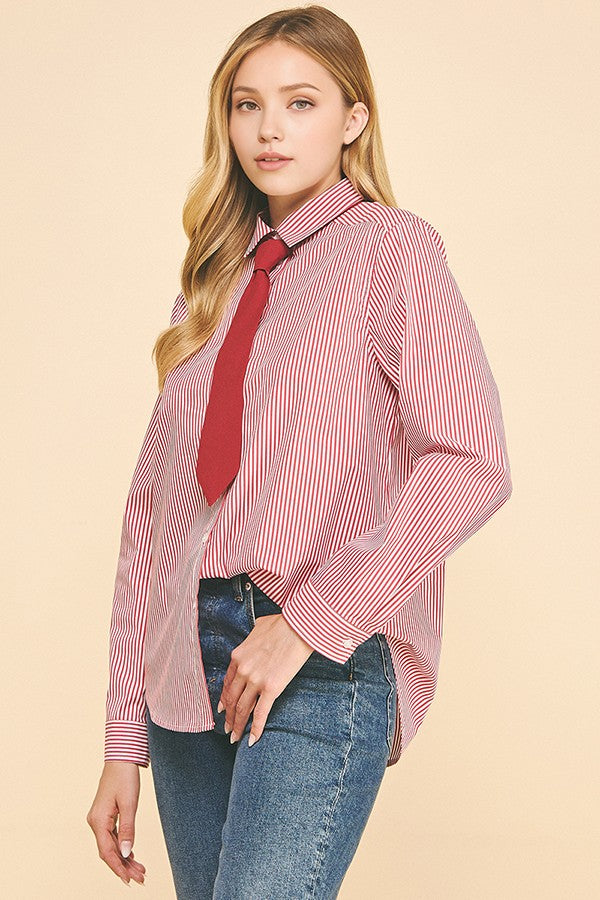 Peplum Bengal Striped Necktie Oversized Dress Shirt