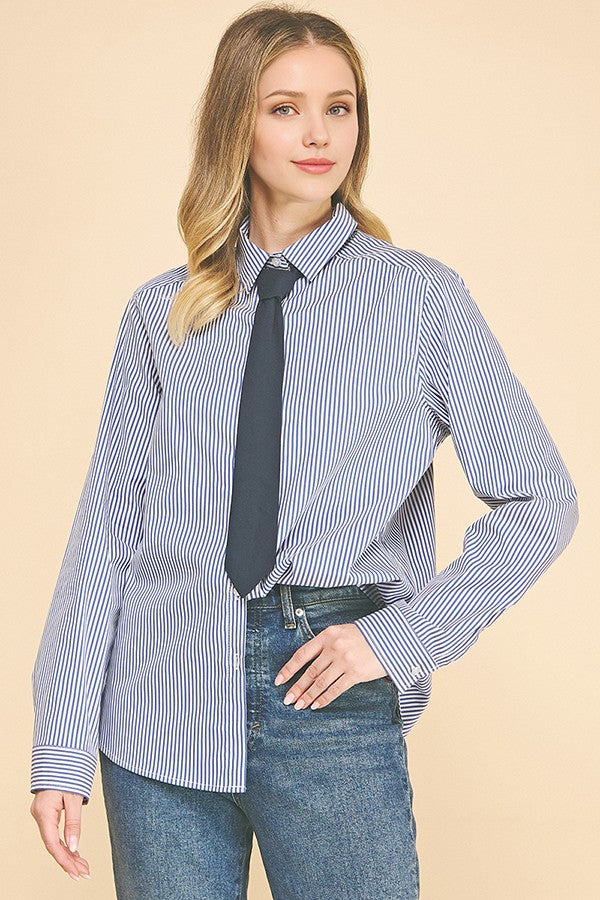 Peplum Bengal Striped Necktie Oversized Dress Shirt