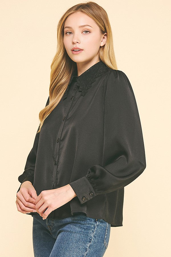 Charmeuse Lace Collar Oversized Shirt Dress Blouse