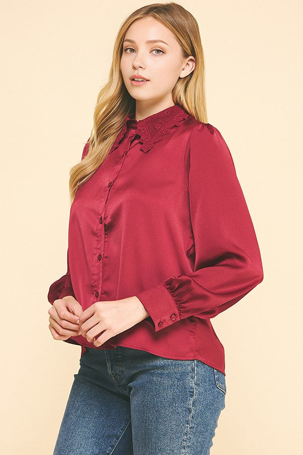 Charmeuse Lace Collar Oversized Shirt Dress Blouse