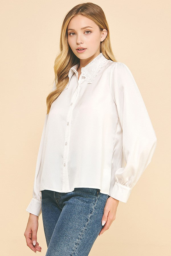 Charmeuse Lace Collar Oversized Shirt Dress Blouse