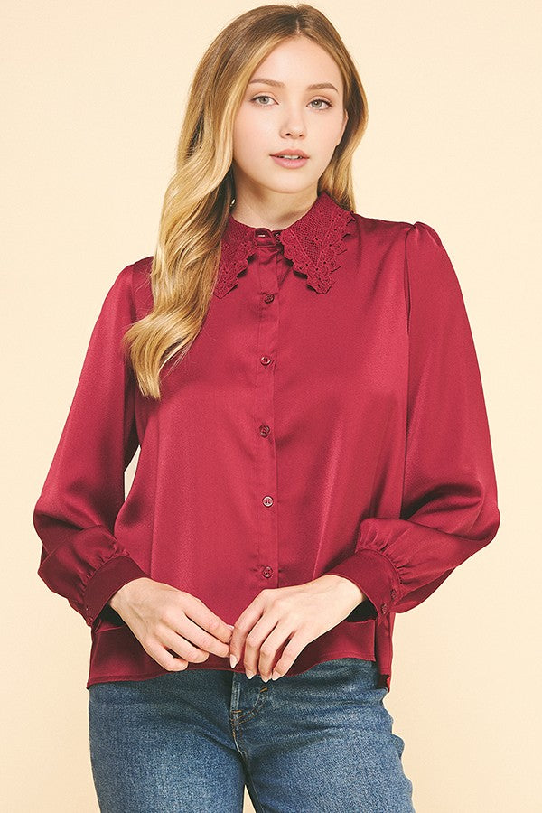Charmeuse Lace Collar Oversized Shirt Dress Blouse