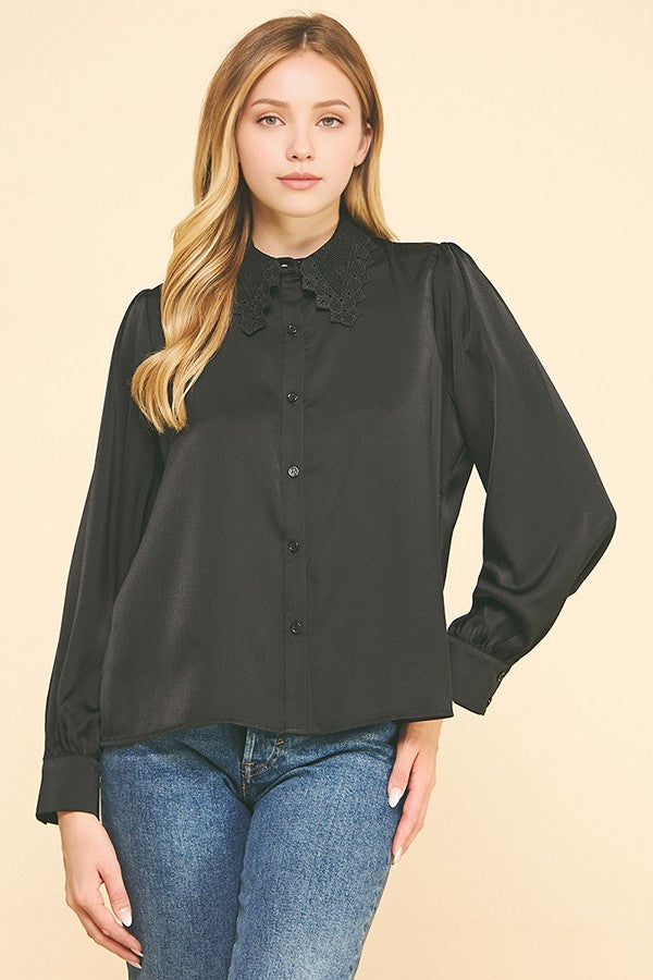 Charmeuse Lace Collar Oversized Shirt Dress Blouse