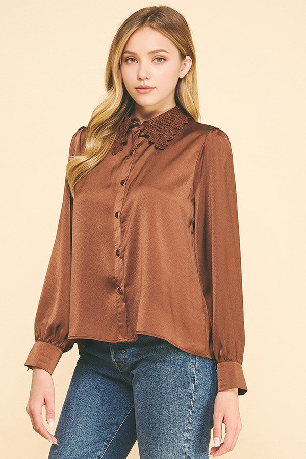 Charmeuse Lace Collar Oversized Shirt Dress Blouse