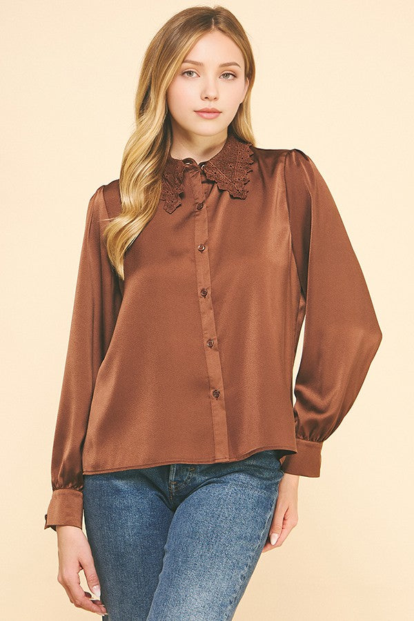 Charmeuse Lace Collar Oversized Shirt Dress Blouse