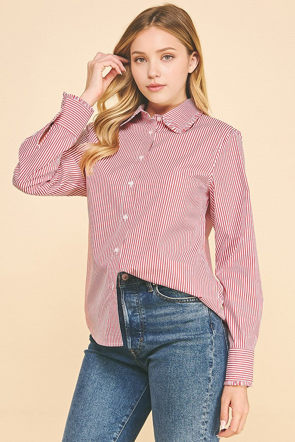 Peplum Bengal Striped Frilled Trim Oversized Dress Shirt