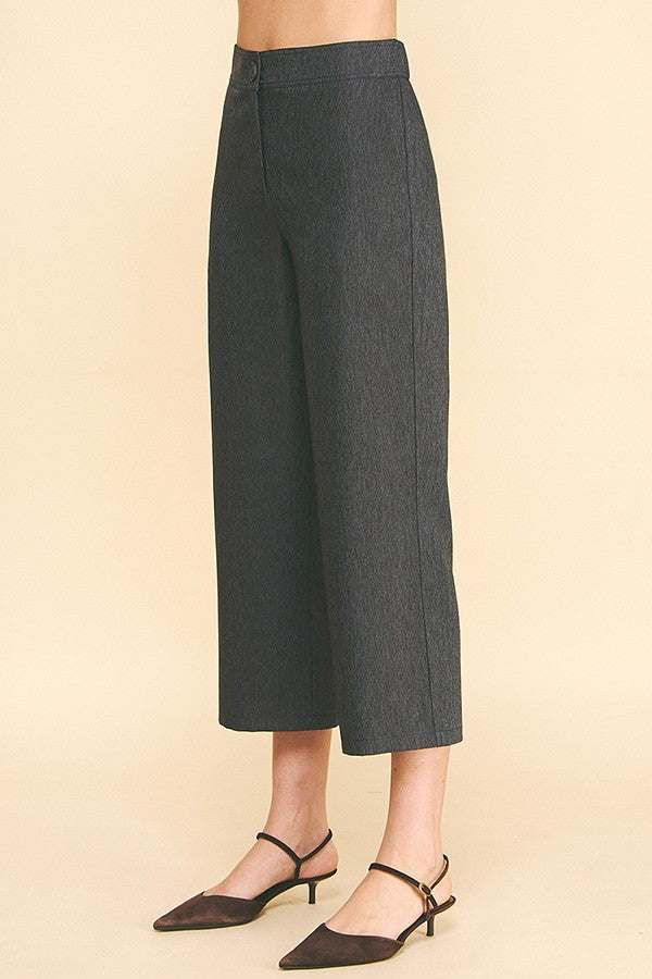 Cationic Faux Denim Stretch Fit Waist Cropped Trousers