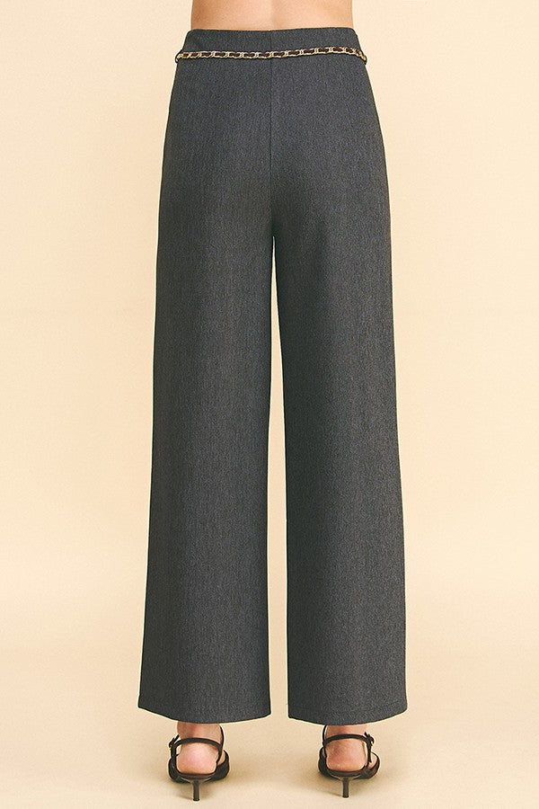 Cationic Faux Denim Pearled Gold Chain Wide Leg Trousers