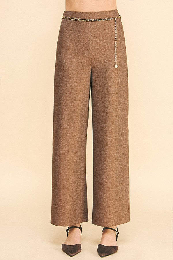 Cationic Faux Denim Pearled Gold Chain Wide Leg Trousers