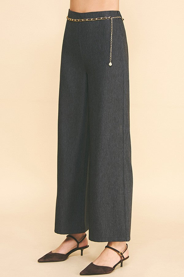 Cationic Faux Denim Pearled Gold Chain Wide Leg Trousers