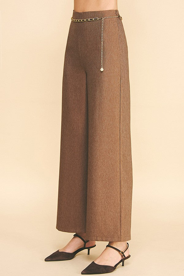 Cationic Faux Denim Pearled Gold Chain Wide Leg Trousers