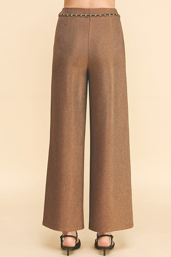 Cationic Faux Denim Pearled Gold Chain Wide Leg Trousers