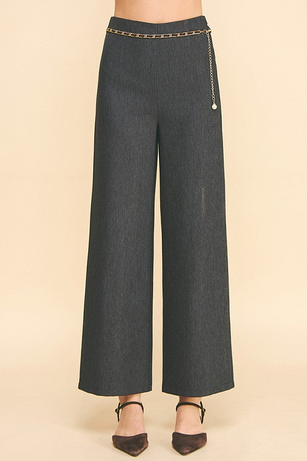 Cationic Faux Denim Pearled Gold Chain Wide Leg Trousers