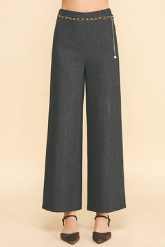 Cationic Faux Denim Pearled Gold Chain Wide Leg Trousers