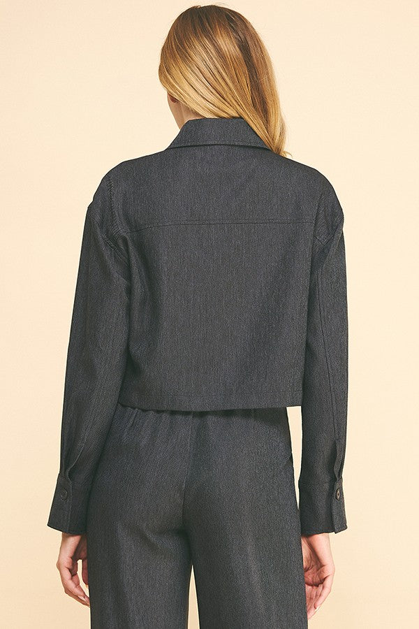 Cationic Faux Denim Zip Up Flap Pocket Cropped Shacket