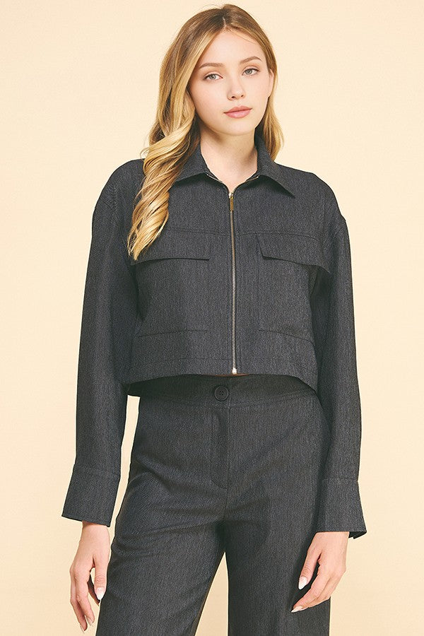 Cationic Faux Denim Zip Up Flap Pocket Cropped Shacket