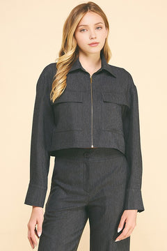 Cationic Faux Denim Zip Up Flap Pocket Cropped Shacket