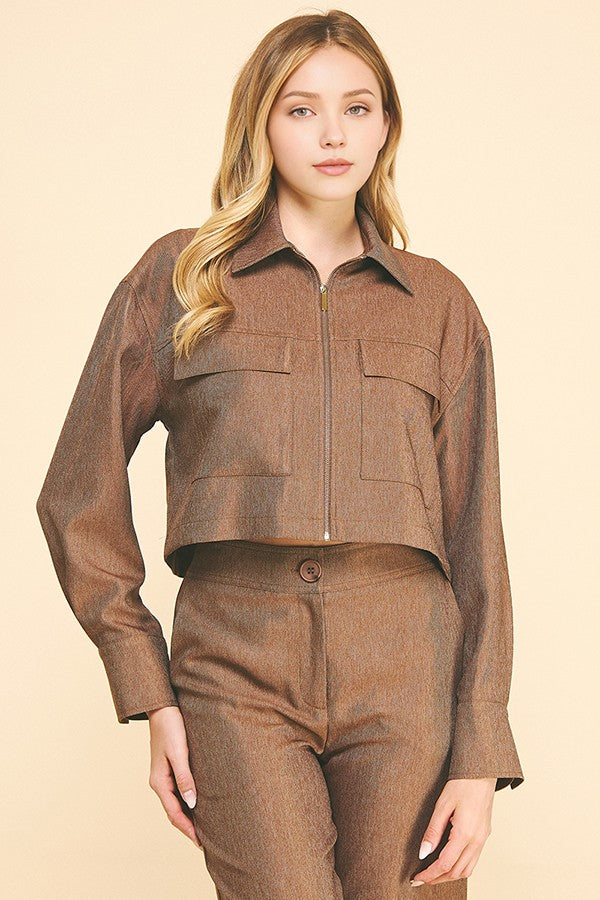 Cationic Faux Denim Zip Up Flap Pocket Cropped Shacket