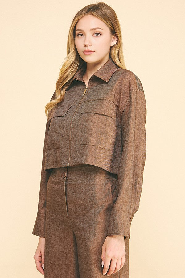 Cationic Faux Denim Zip Up Flap Pocket Cropped Shacket