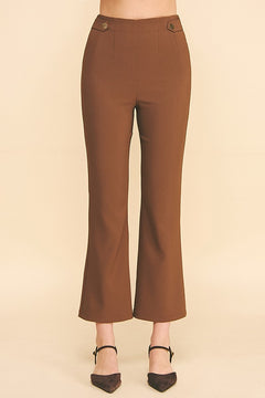 Twill Gold Button Tab Darted Waist Flared Trousers