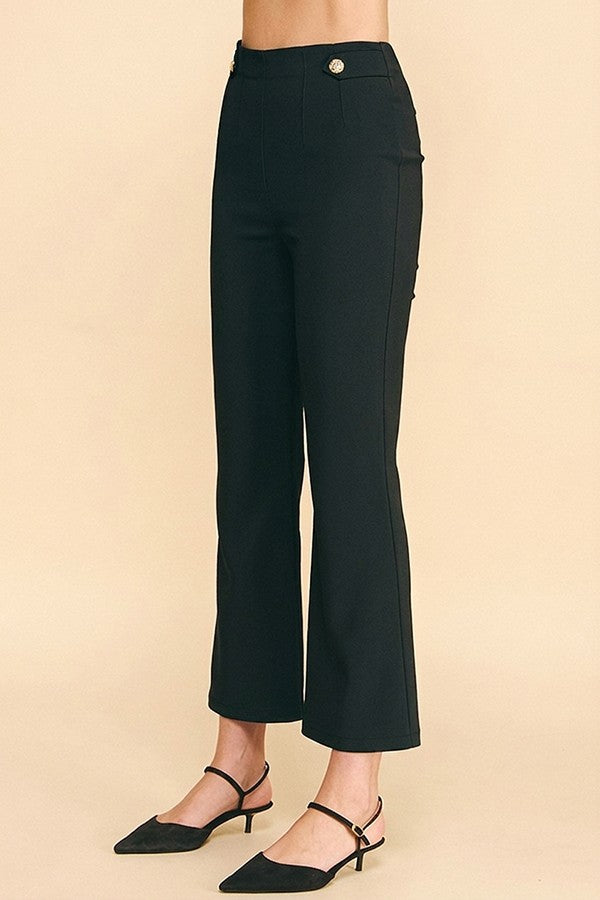 Twill Gold Button Tab Darted Waist Flared Trousers