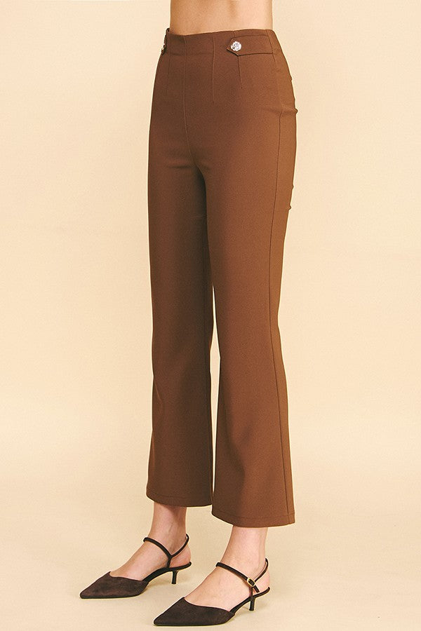 Twill Gold Button Tab Darted Waist Flared Trousers