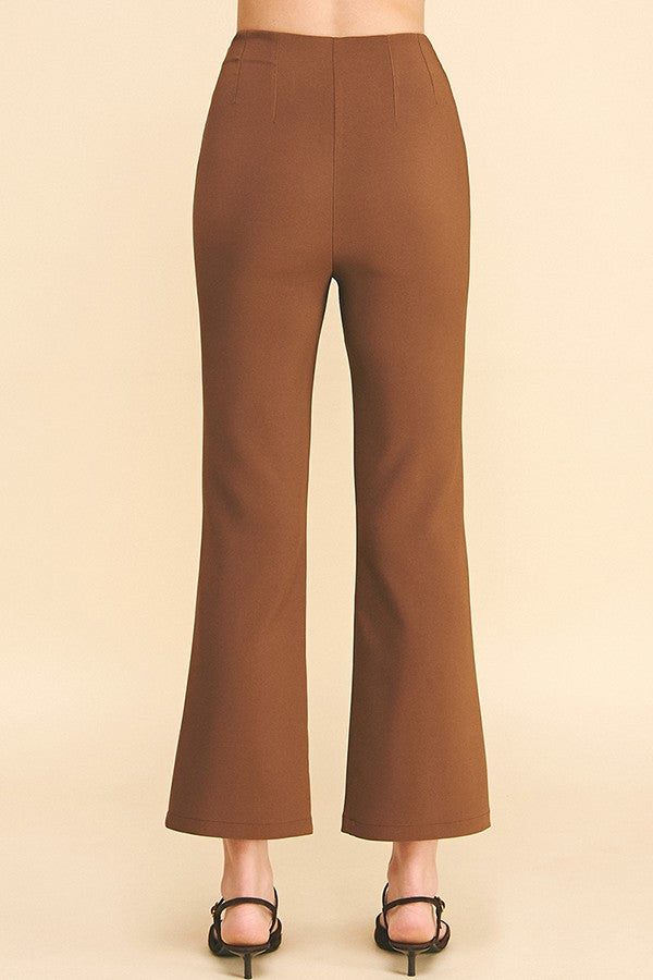 Twill Gold Button Tab Darted Waist Flared Trousers