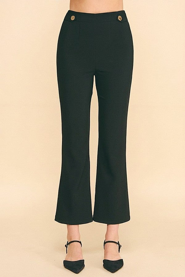 Twill Gold Button Tab Darted Waist Flared Trousers