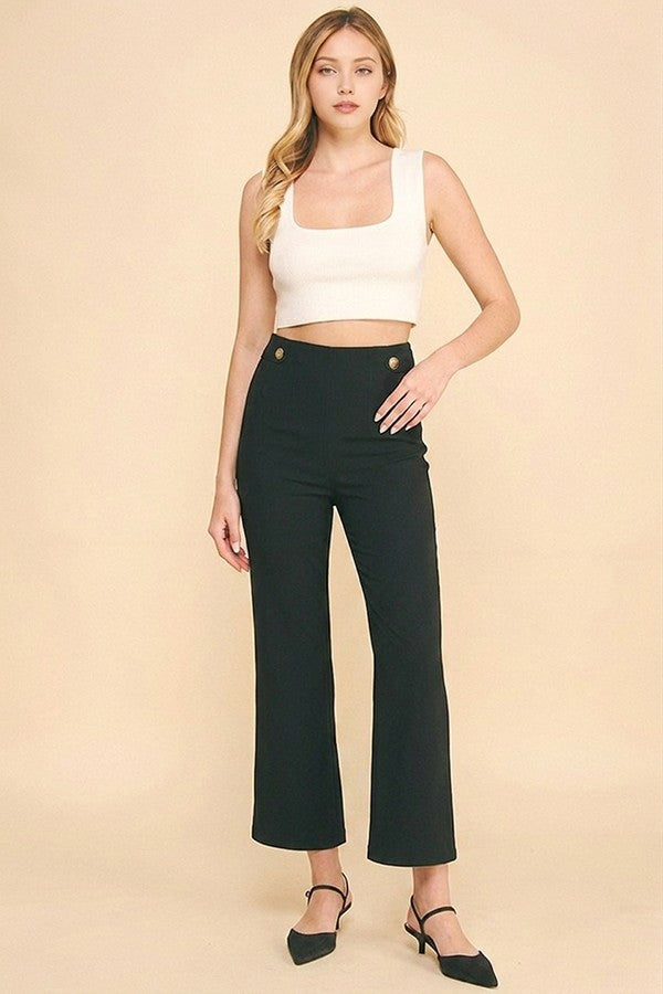 Twill Gold Button Tab Darted Waist Flared Trousers