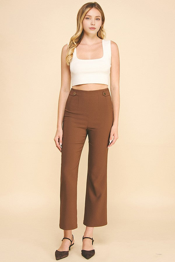 Twill Gold Button Tab Darted Waist Flared Trousers