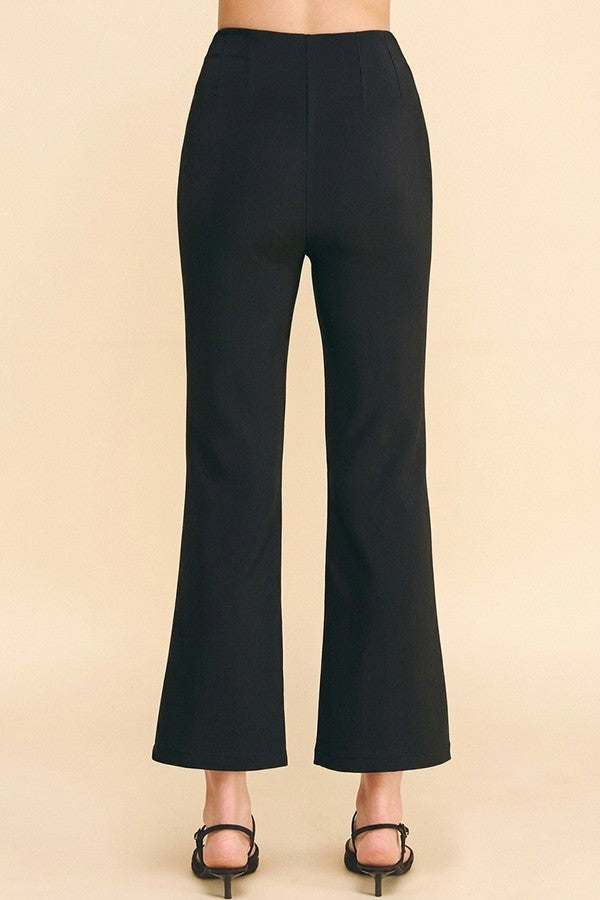Twill Gold Button Tab Darted Waist Flared Trousers